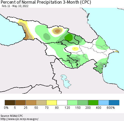 Azerbaijan, Armenia and Georgia Percent of Normal Precipitation 3-Month (CPC) Thematic Map For 2/11/2022 - 5/10/2022