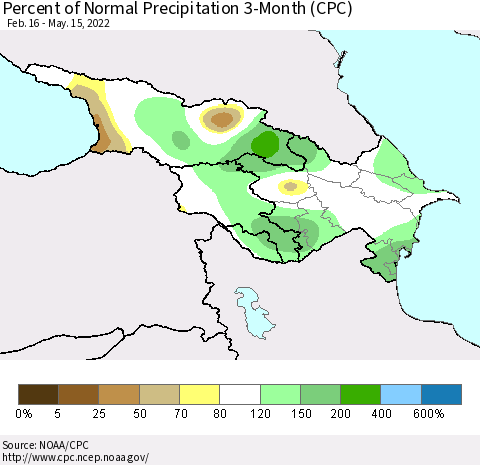 Azerbaijan, Armenia and Georgia Percent of Normal Precipitation 3-Month (CPC) Thematic Map For 2/16/2022 - 5/15/2022