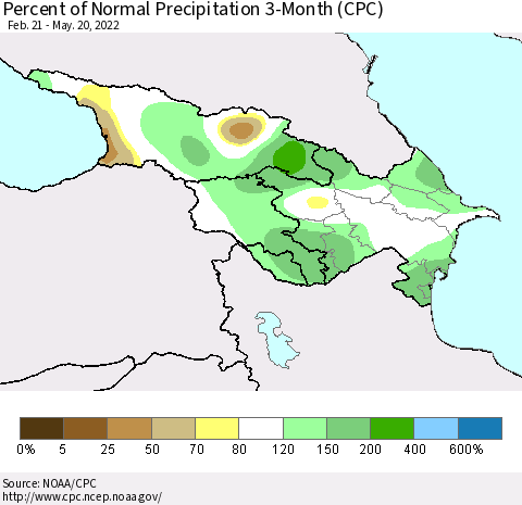 Azerbaijan, Armenia and Georgia Percent of Normal Precipitation 3-Month (CPC) Thematic Map For 2/21/2022 - 5/20/2022