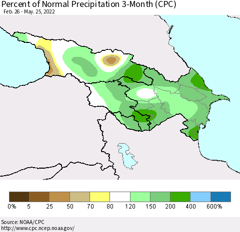 Azerbaijan, Armenia and Georgia Percent of Normal Precipitation 3-Month (CPC) Thematic Map For 2/26/2022 - 5/25/2022