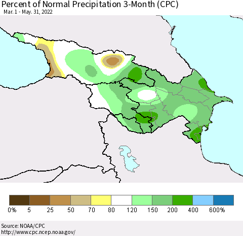 Azerbaijan, Armenia and Georgia Percent of Normal Precipitation 3-Month (CPC) Thematic Map For 3/1/2022 - 5/31/2022