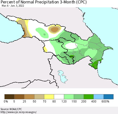Azerbaijan, Armenia and Georgia Percent of Normal Precipitation 3-Month (CPC) Thematic Map For 3/6/2022 - 6/5/2022