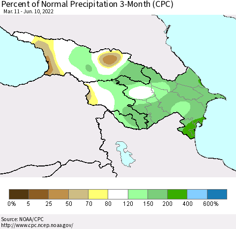 Azerbaijan, Armenia and Georgia Percent of Normal Precipitation 3-Month (CPC) Thematic Map For 3/11/2022 - 6/10/2022