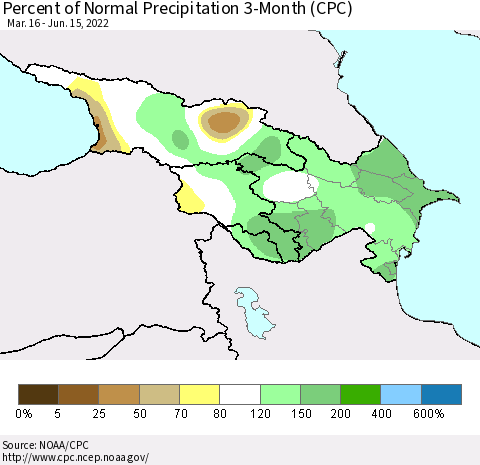 Azerbaijan, Armenia and Georgia Percent of Normal Precipitation 3-Month (CPC) Thematic Map For 3/16/2022 - 6/15/2022