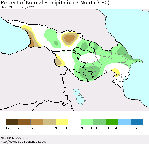 Azerbaijan, Armenia and Georgia Percent of Normal Precipitation 3-Month (CPC) Thematic Map For 3/21/2022 - 6/20/2022