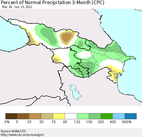 Azerbaijan, Armenia and Georgia Percent of Normal Precipitation 3-Month (CPC) Thematic Map For 3/26/2022 - 6/25/2022