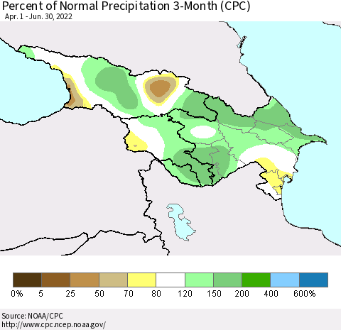 Azerbaijan, Armenia and Georgia Percent of Normal Precipitation 3-Month (CPC) Thematic Map For 4/1/2022 - 6/30/2022