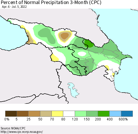 Azerbaijan, Armenia and Georgia Percent of Normal Precipitation 3-Month (CPC) Thematic Map For 4/6/2022 - 7/5/2022