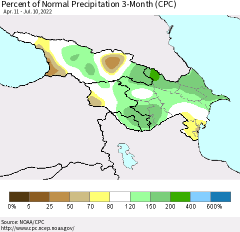 Azerbaijan, Armenia and Georgia Percent of Normal Precipitation 3-Month (CPC) Thematic Map For 4/11/2022 - 7/10/2022