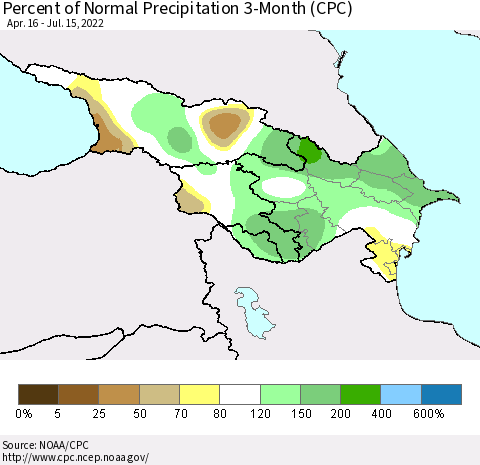 Azerbaijan, Armenia and Georgia Percent of Normal Precipitation 3-Month (CPC) Thematic Map For 4/16/2022 - 7/15/2022