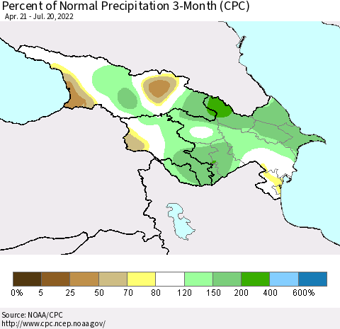 Azerbaijan, Armenia and Georgia Percent of Normal Precipitation 3-Month (CPC) Thematic Map For 4/21/2022 - 7/20/2022