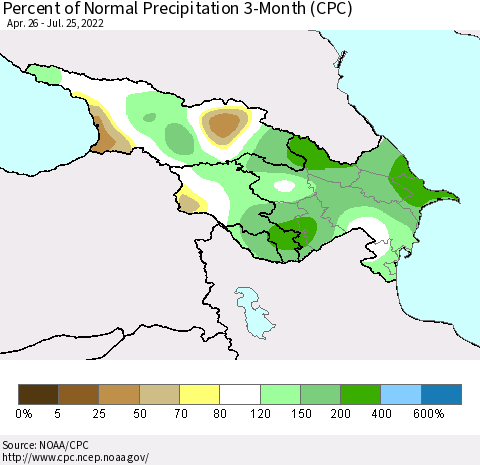 Azerbaijan, Armenia and Georgia Percent of Normal Precipitation 3-Month (CPC) Thematic Map For 4/26/2022 - 7/25/2022