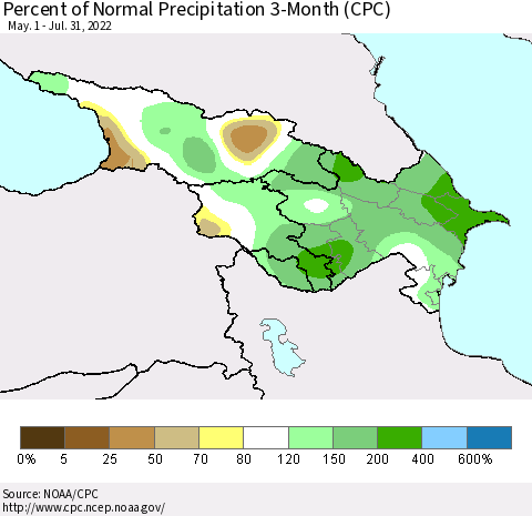 Azerbaijan, Armenia and Georgia Percent of Normal Precipitation 3-Month (CPC) Thematic Map For 5/1/2022 - 7/31/2022