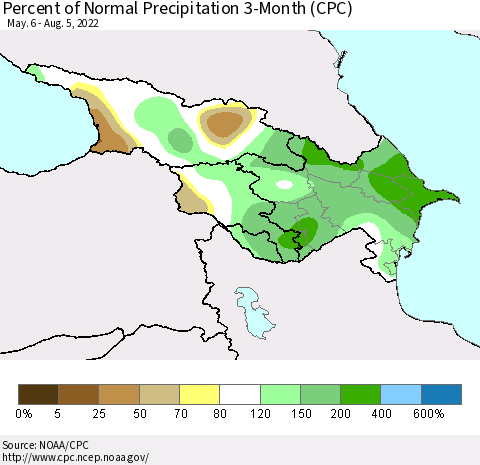 Azerbaijan, Armenia and Georgia Percent of Normal Precipitation 3-Month (CPC) Thematic Map For 5/6/2022 - 8/5/2022