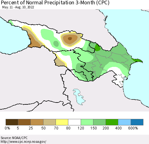 Azerbaijan, Armenia and Georgia Percent of Normal Precipitation 3-Month (CPC) Thematic Map For 5/11/2022 - 8/10/2022