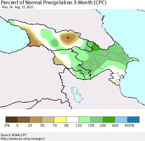 Azerbaijan, Armenia and Georgia Percent of Normal Precipitation 3-Month (CPC) Thematic Map For 5/16/2022 - 8/15/2022