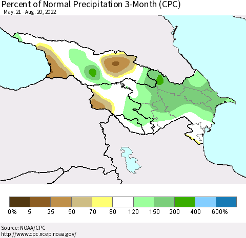 Azerbaijan, Armenia and Georgia Percent of Normal Precipitation 3-Month (CPC) Thematic Map For 5/21/2022 - 8/20/2022