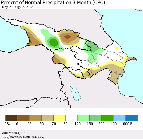 Azerbaijan, Armenia and Georgia Percent of Normal Precipitation 3-Month (CPC) Thematic Map For 5/26/2022 - 8/25/2022