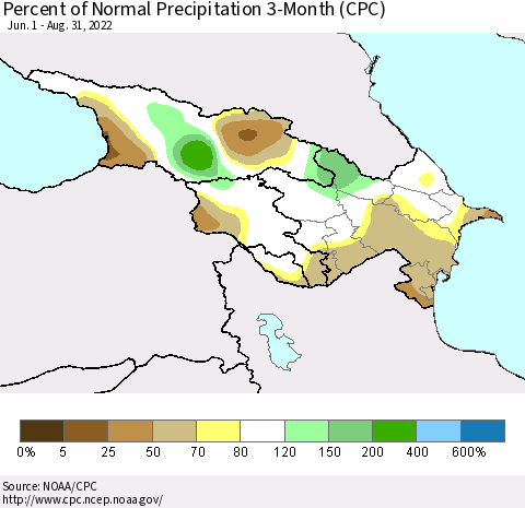 Azerbaijan, Armenia and Georgia Percent of Normal Precipitation 3-Month (CPC) Thematic Map For 6/1/2022 - 8/31/2022