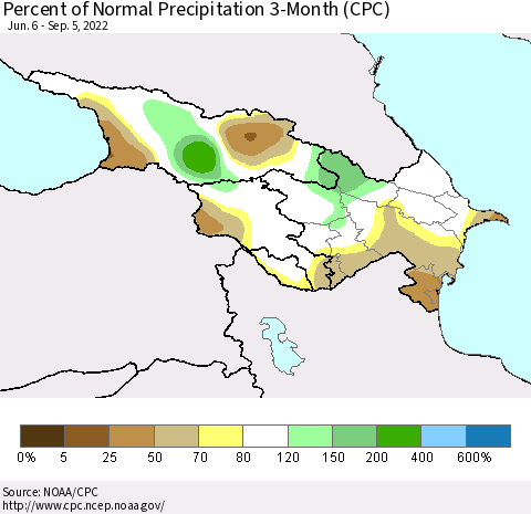 Azerbaijan, Armenia and Georgia Percent of Normal Precipitation 3-Month (CPC) Thematic Map For 6/6/2022 - 9/5/2022