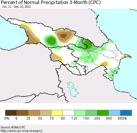 Azerbaijan, Armenia and Georgia Percent of Normal Precipitation 3-Month (CPC) Thematic Map For 6/11/2022 - 9/10/2022