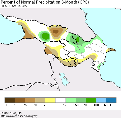 Azerbaijan, Armenia and Georgia Percent of Normal Precipitation 3-Month (CPC) Thematic Map For 6/16/2022 - 9/15/2022