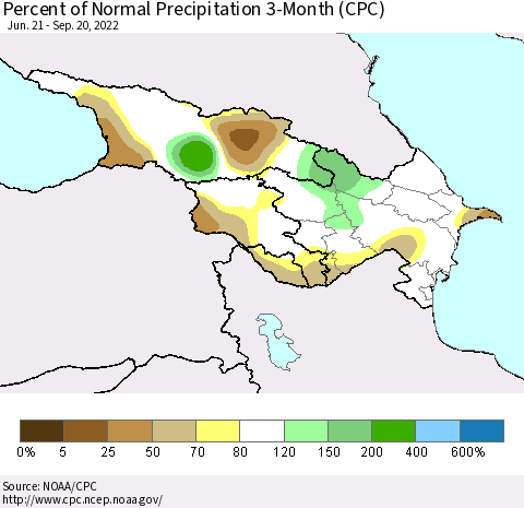 Azerbaijan, Armenia and Georgia Percent of Normal Precipitation 3-Month (CPC) Thematic Map For 6/21/2022 - 9/20/2022