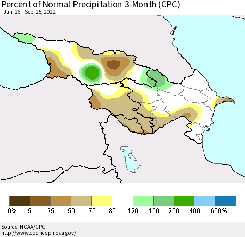 Azerbaijan, Armenia and Georgia Percent of Normal Precipitation 3-Month (CPC) Thematic Map For 6/26/2022 - 9/25/2022