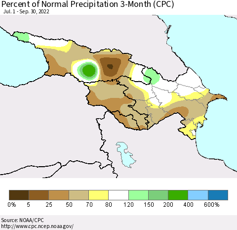 Azerbaijan, Armenia and Georgia Percent of Normal Precipitation 3-Month (CPC) Thematic Map For 7/1/2022 - 9/30/2022