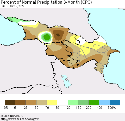 Azerbaijan, Armenia and Georgia Percent of Normal Precipitation 3-Month (CPC) Thematic Map For 7/6/2022 - 10/5/2022