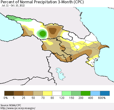 Azerbaijan, Armenia and Georgia Percent of Normal Precipitation 3-Month (CPC) Thematic Map For 7/11/2022 - 10/10/2022