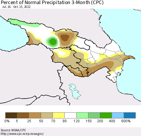 Azerbaijan, Armenia and Georgia Percent of Normal Precipitation 3-Month (CPC) Thematic Map For 7/16/2022 - 10/15/2022