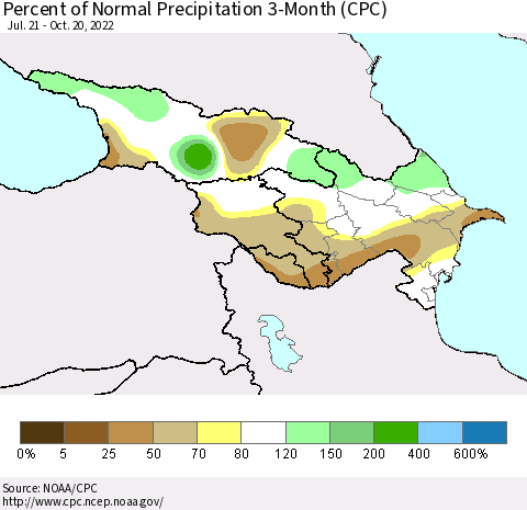 Azerbaijan, Armenia and Georgia Percent of Normal Precipitation 3-Month (CPC) Thematic Map For 7/21/2022 - 10/20/2022