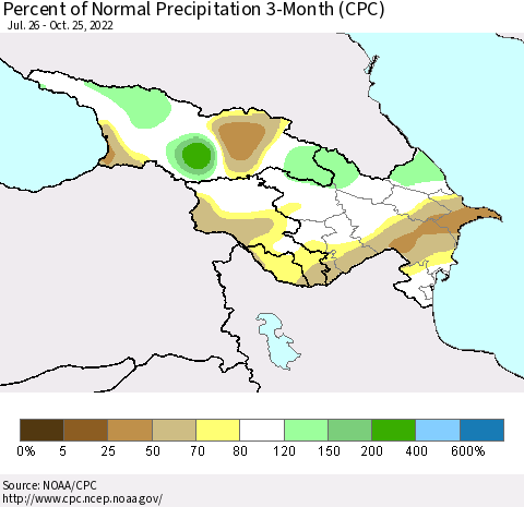 Azerbaijan, Armenia and Georgia Percent of Normal Precipitation 3-Month (CPC) Thematic Map For 7/26/2022 - 10/25/2022