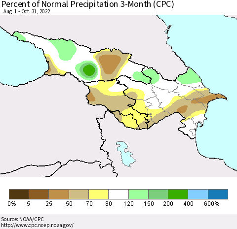 Azerbaijan, Armenia and Georgia Percent of Normal Precipitation 3-Month (CPC) Thematic Map For 8/1/2022 - 10/31/2022