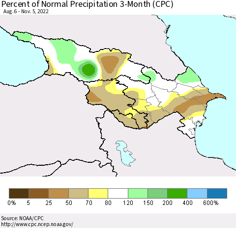 Azerbaijan, Armenia and Georgia Percent of Normal Precipitation 3-Month (CPC) Thematic Map For 8/6/2022 - 11/5/2022