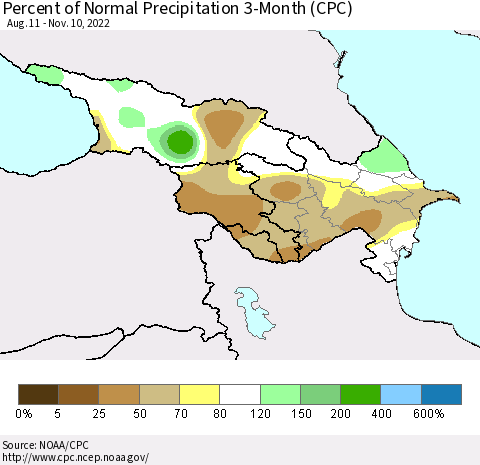 Azerbaijan, Armenia and Georgia Percent of Normal Precipitation 3-Month (CPC) Thematic Map For 8/11/2022 - 11/10/2022