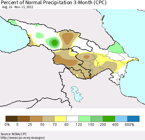 Azerbaijan, Armenia and Georgia Percent of Normal Precipitation 3-Month (CPC) Thematic Map For 8/16/2022 - 11/15/2022