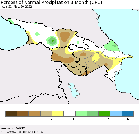Azerbaijan, Armenia and Georgia Percent of Normal Precipitation 3-Month (CPC) Thematic Map For 8/21/2022 - 11/20/2022