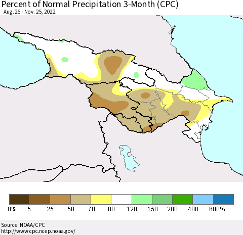 Azerbaijan, Armenia and Georgia Percent of Normal Precipitation 3-Month (CPC) Thematic Map For 8/26/2022 - 11/25/2022
