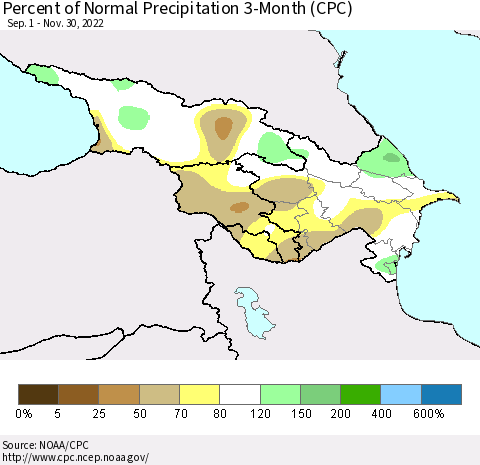 Azerbaijan, Armenia and Georgia Percent of Normal Precipitation 3-Month (CPC) Thematic Map For 9/1/2022 - 11/30/2022