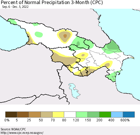Azerbaijan, Armenia and Georgia Percent of Normal Precipitation 3-Month (CPC) Thematic Map For 9/6/2022 - 12/5/2022