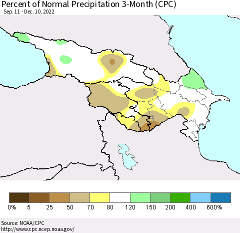 Azerbaijan, Armenia and Georgia Percent of Normal Precipitation 3-Month (CPC) Thematic Map For 9/11/2022 - 12/10/2022