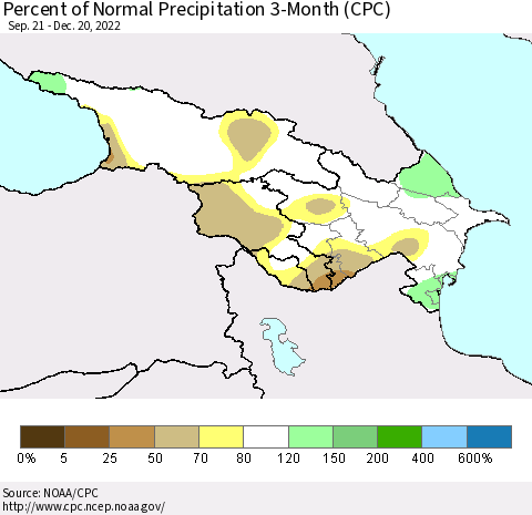 Azerbaijan, Armenia and Georgia Percent of Normal Precipitation 3-Month (CPC) Thematic Map For 9/21/2022 - 12/20/2022