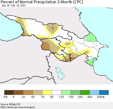 Azerbaijan, Armenia and Georgia Percent of Normal Precipitation 3-Month (CPC) Thematic Map For 9/26/2022 - 12/25/2022