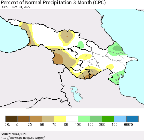 Azerbaijan, Armenia and Georgia Percent of Normal Precipitation 3-Month (CPC) Thematic Map For 10/1/2022 - 12/31/2022