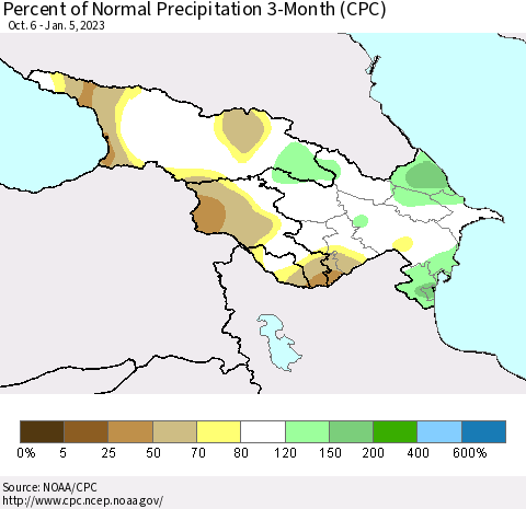 Azerbaijan, Armenia and Georgia Percent of Normal Precipitation 3-Month (CPC) Thematic Map For 10/6/2022 - 1/5/2023