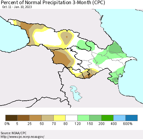 Azerbaijan, Armenia and Georgia Percent of Normal Precipitation 3-Month (CPC) Thematic Map For 10/11/2022 - 1/10/2023