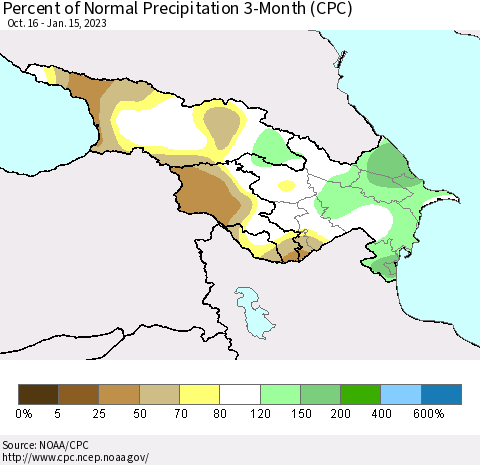Azerbaijan, Armenia and Georgia Percent of Normal Precipitation 3-Month (CPC) Thematic Map For 10/16/2022 - 1/15/2023