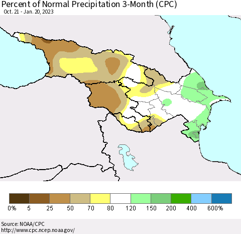 Azerbaijan, Armenia and Georgia Percent of Normal Precipitation 3-Month (CPC) Thematic Map For 10/21/2022 - 1/20/2023